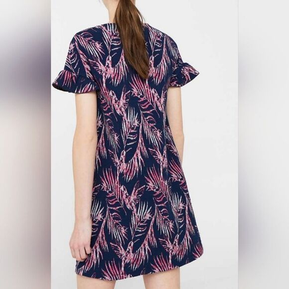 Mango MNG Basics Shift Dress Womens Size XS Palm Print Flutter Sleeve Fairy Boho - Picture 2 of 11
